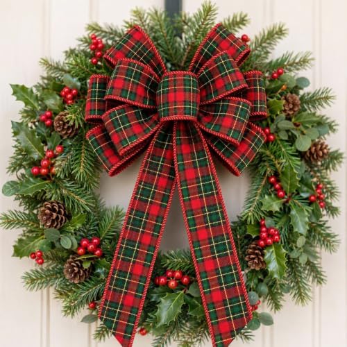 2 Pack Christmas Plaid Bows, 19.6 Inch Wreath Bows for Rustic Holiday Decor