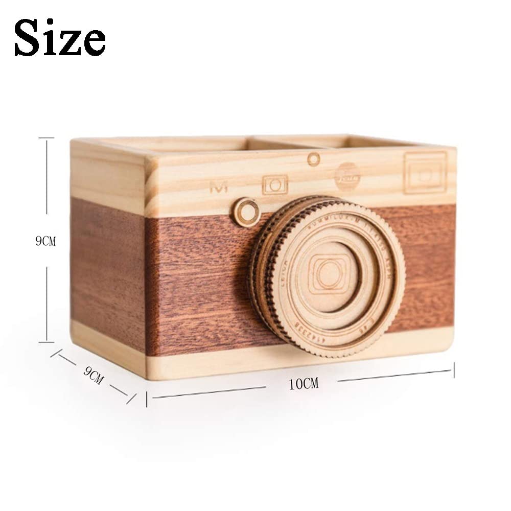 Leadigol Camera Wooden Pencil Holder,Desktop Pencil Holder Gift Makeup Organizer Double-layer Crafts Creative Camera Multi Purpose Use Desk Accessories