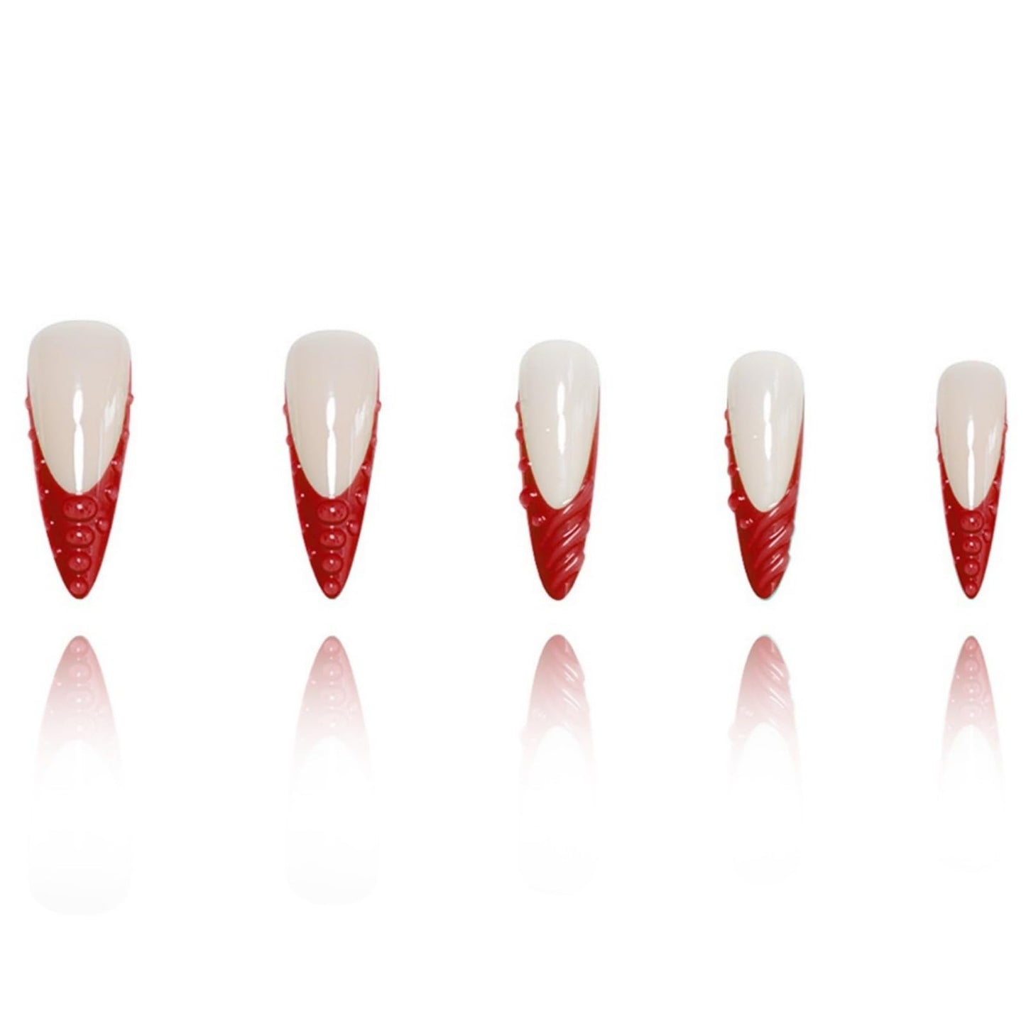 Long Press on Nails Stiletto Fake Nails Red French Artificial Nails with 3D Water Droplets Designs Extra Long Glossy Cute Stick on Nail for Women 24pcs