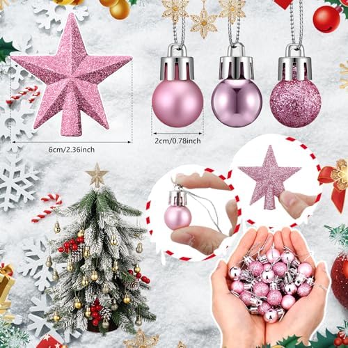 RoundFunny 25 Pcs Mini Christmas Balls Ornaments Set 0.79 Inch Christmas Day Ball Topper Star Tree Hanging Ornaments for Party Decoration(Pink)