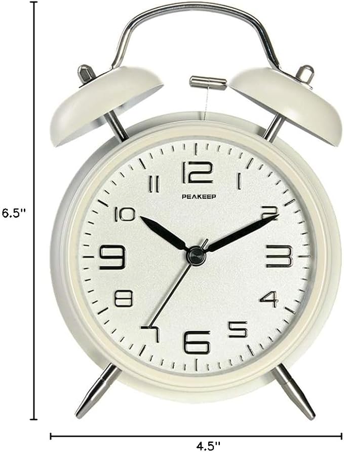 Peakeep 4 Inches Twin Bell Loud Alarm Clock for Heavy Sleepers | Backlight, Battery Operated, Old Fashioned, Alarm Clock for Bedrooms Kids' Room (3D-Dial, White)