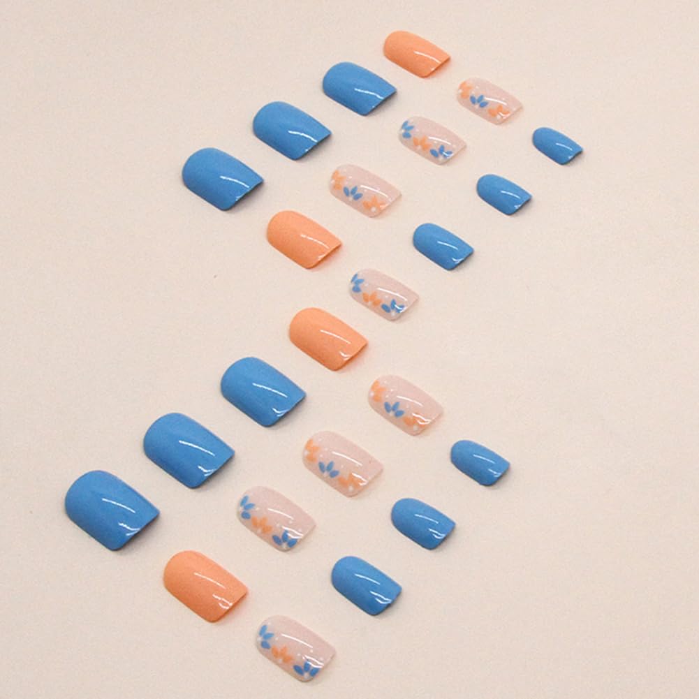 Extra Short Press On Nails Glue On Square Short Glossy Blue Fake False Nails with Small Floral Press ons Designs Artificial Stick on Nail for Women 24Pcs