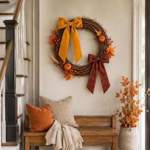 Suncalla 8 Pcs Fall Wreath Bows 14.2-17.9in Buffalo Plaid Velvet Burlap Bow