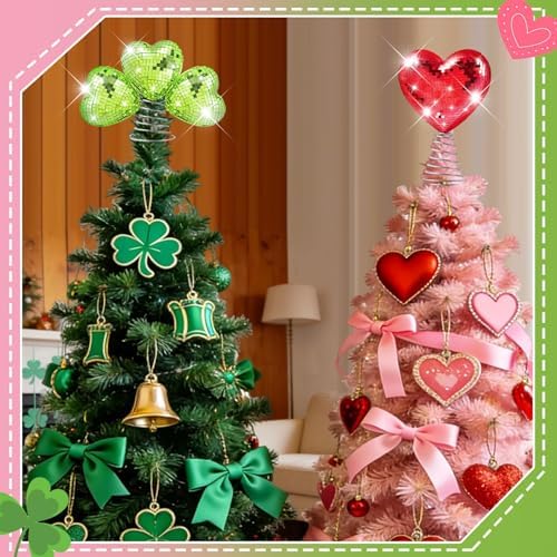 2PCS St Patrick's Day Tree Topper, 10 & 7 Inch Heart Shamrock Tree Topper, Disco Sequin Ball Treetop, Red Green Iron Metal Glitter Treetop for Wedding Holiday Party Decor