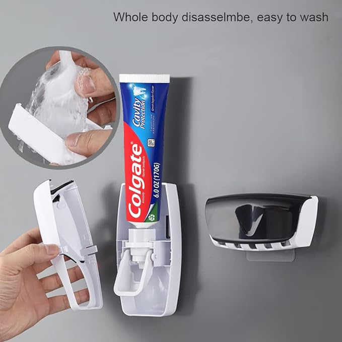 Automatic Toothbrush Dispenser Wall Mount Toothpaste Squeezer and Toothbrush Holder Set for Kids Family Bathroom Use (Black)