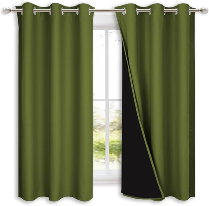 NICETOWN 100% Blackout Short Curtains with Black Liners, 2 Panels, 37" W by 63" L, Olive Green, Solid Thermal Insulated Full Blackout 2-Layer Lined Drapes, Energy Efficiency Window Drapes for Bedroom