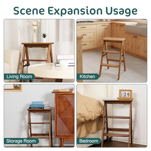 Kate 3-Step Foldable Wooden Step Ladder, 300 lb Capacity Solid Wood Step Stool for Photography Studio, Portrait Shooting, Home Kitchen & Living Room