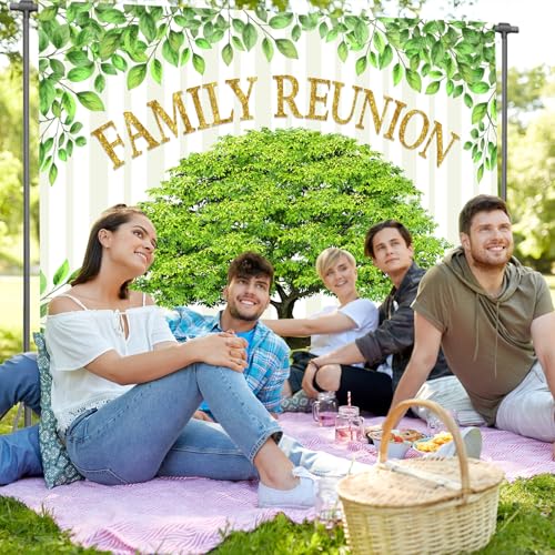 Family Reunion Backdrop, Family Tree Members Theme Photography Background Vinyl 7x5ft Green Tree Family Gather Welcome Party Decorations Supplies Backdrop Rod-Pocket Booth Props, BJLSGU46 - size: 7x5ft