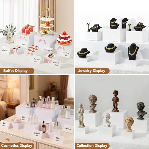 6 Pcs Buffet Risers, Acrylic Risers Display Stands for Buffet Table with Bow/Mini Sign/Marker/Mini Eraser, Hollow Bottom Nesting Cube Food Display Stand for Party Catering Dessert(8",7",6",5",4",4")