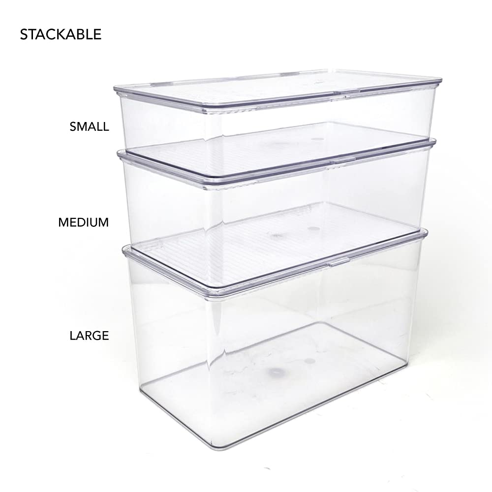 Isaac Jacobs Small Stackable Organizer Bin (10.75” x 6.5” x 2.4”) w Hinged Lid Clear Storage Box Home Office School Fridge Bathroom Kitchen Pantry Container BPAFree Food Safe (Small Clear)