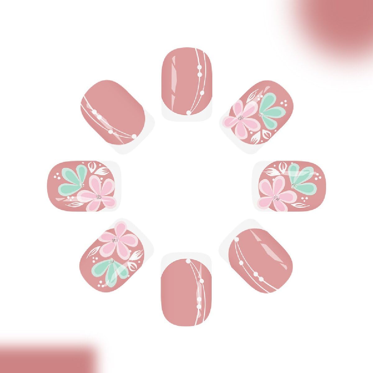 White French Tip Press on Nails Square Short Fake Nails with Flower Design Full Cover Spring Stick on False Nails for Women 24 Pcs