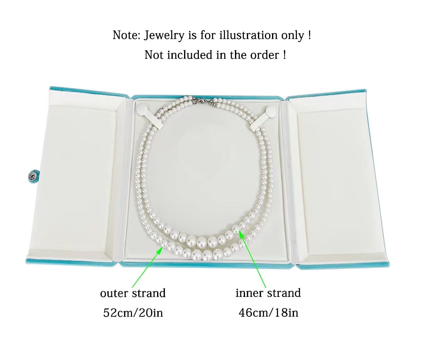 Aqua Teal Velvet Jewelry Box for Large Necklace Luxury Pearl Strand Presentation Case, Tri-Panel Flat Open Design, Button Clip Closure, Cream Velvet Interior, Gift Box for Wedding Birthday