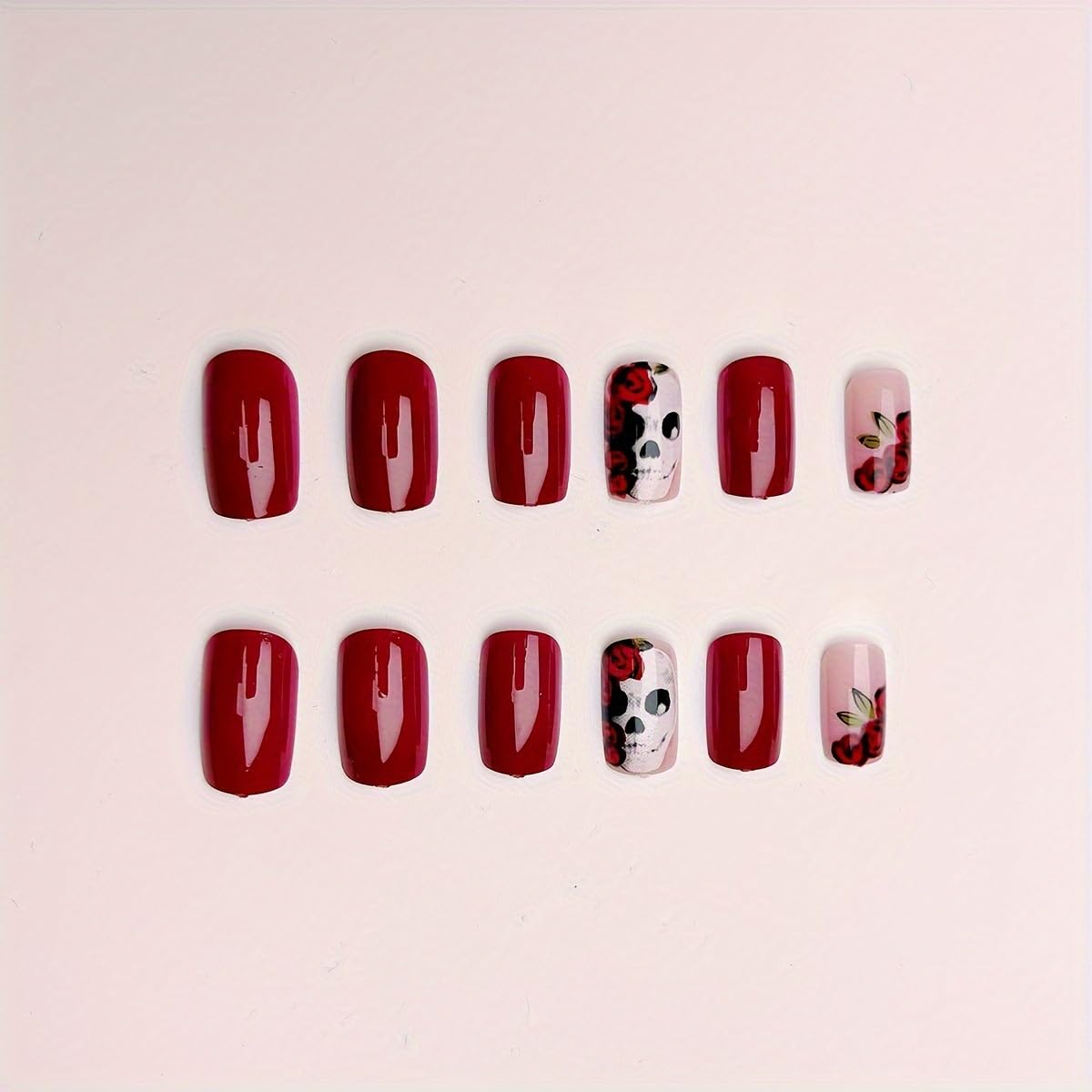 Short Square Press on Nails Halloween Skull Press on Nails Wine Red Flower False Nails Full Cover Glossy Stick on Nails Halloween Reusable Acrylic Nails for Women Girls 24Pcs