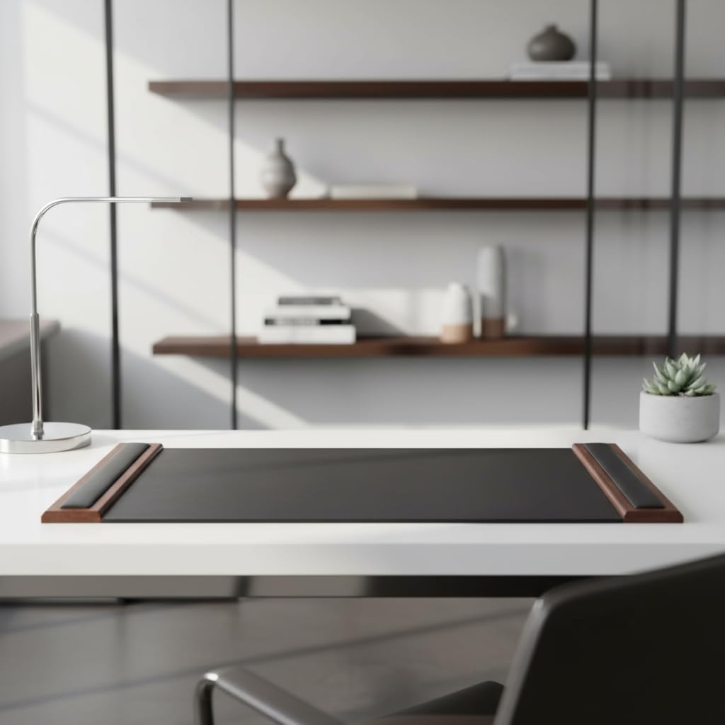 DACASSO Wood & Leather Desk Pad with Side Rails - Luxury Leather Desk Blotter for Writing - Padded Executive Desk Surface Protector - (Walnut & Black, 34” x 20”)