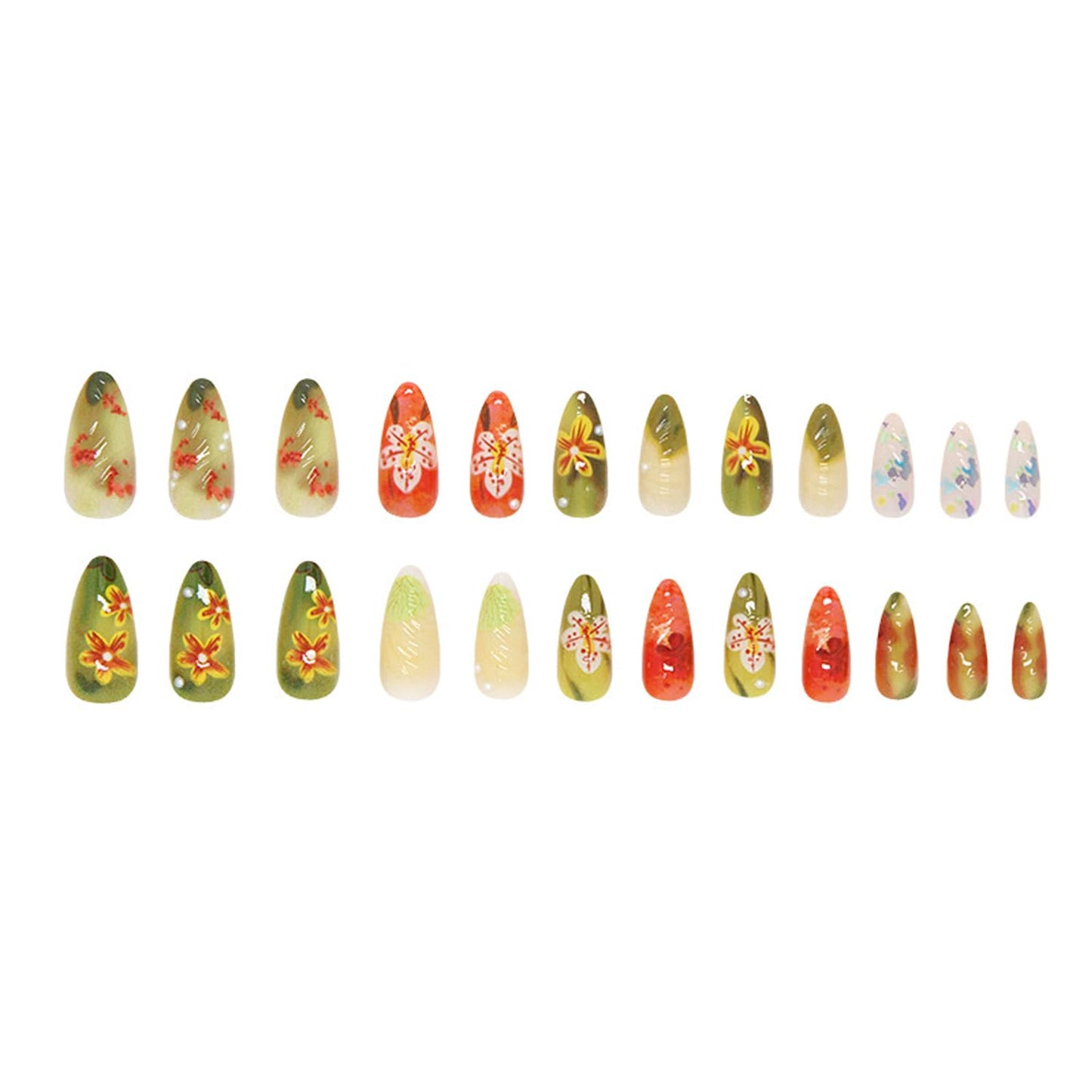 24pcs Flower Press on Nails Almond False Nail Green Nails Tips with Flower Pearl Design False Nail Art Medium Press on acrylic Nails Cute Stick on Nails Manicure Handmade Fake Nail for Women