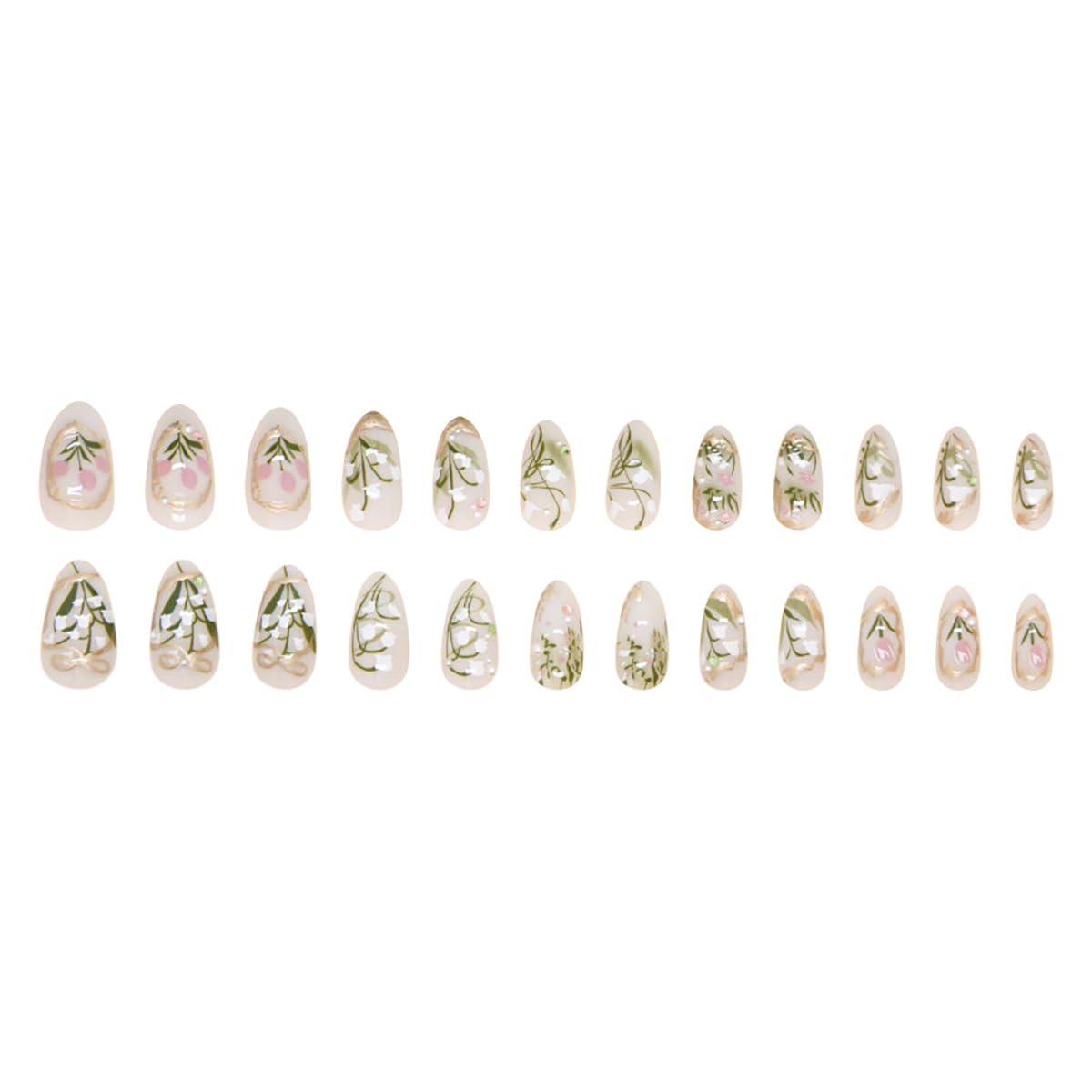 24Pcs Green Press on Nails Medium Almond Fake Nails 3D Pearl Rhinestones Glitter Designs Gold French Tips Flower Glue on Nails Spring False Nails Full Cover Stick on Nails for Women Acrylic Nails