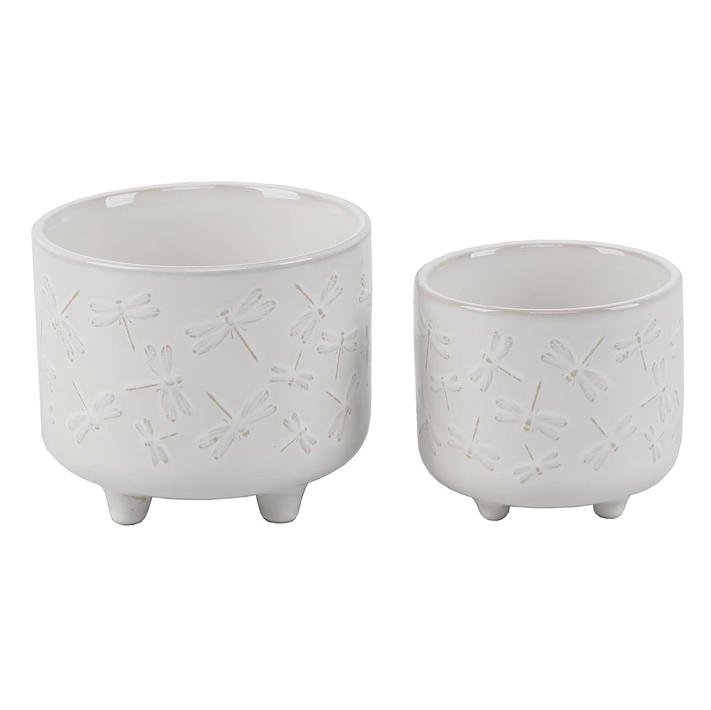 Flora Bunda 6IN & 4.75 in All Over Dragonfly Ceramic Footed Planter, Set of 2