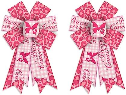 Estivaux 2 Pieces Breast Cancer Awareness Bows for Wreath, Breast Cancer Awareness Cheer Wreath Bows Pink Leopard Burlap Bow Holiday Farmhouse Craft Bows for Front Door Home Tree Top Garden Supplies
