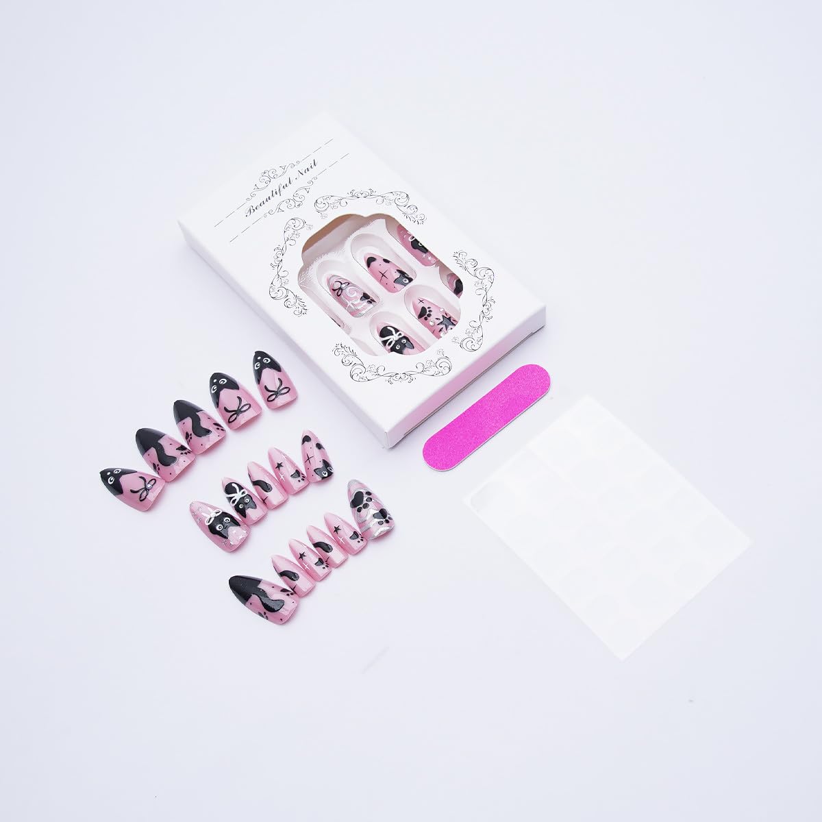 24Pcs Pink Glitter Press on Nails Medium Almond Fake Nails Cute Cat Black Bow Star False Nails with 3D Silvering Heart Vortex Gems Design Full Cover Glue on Nails Artificial Stick on Nail for Women