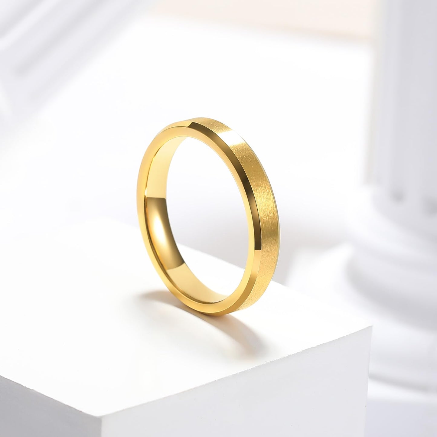 King Will 4mm Gold Tungsten Wedding Band Basic Wedding Ring For Men with Brushed Matte Surface Beveled Polished Edge Comfort Fit 7