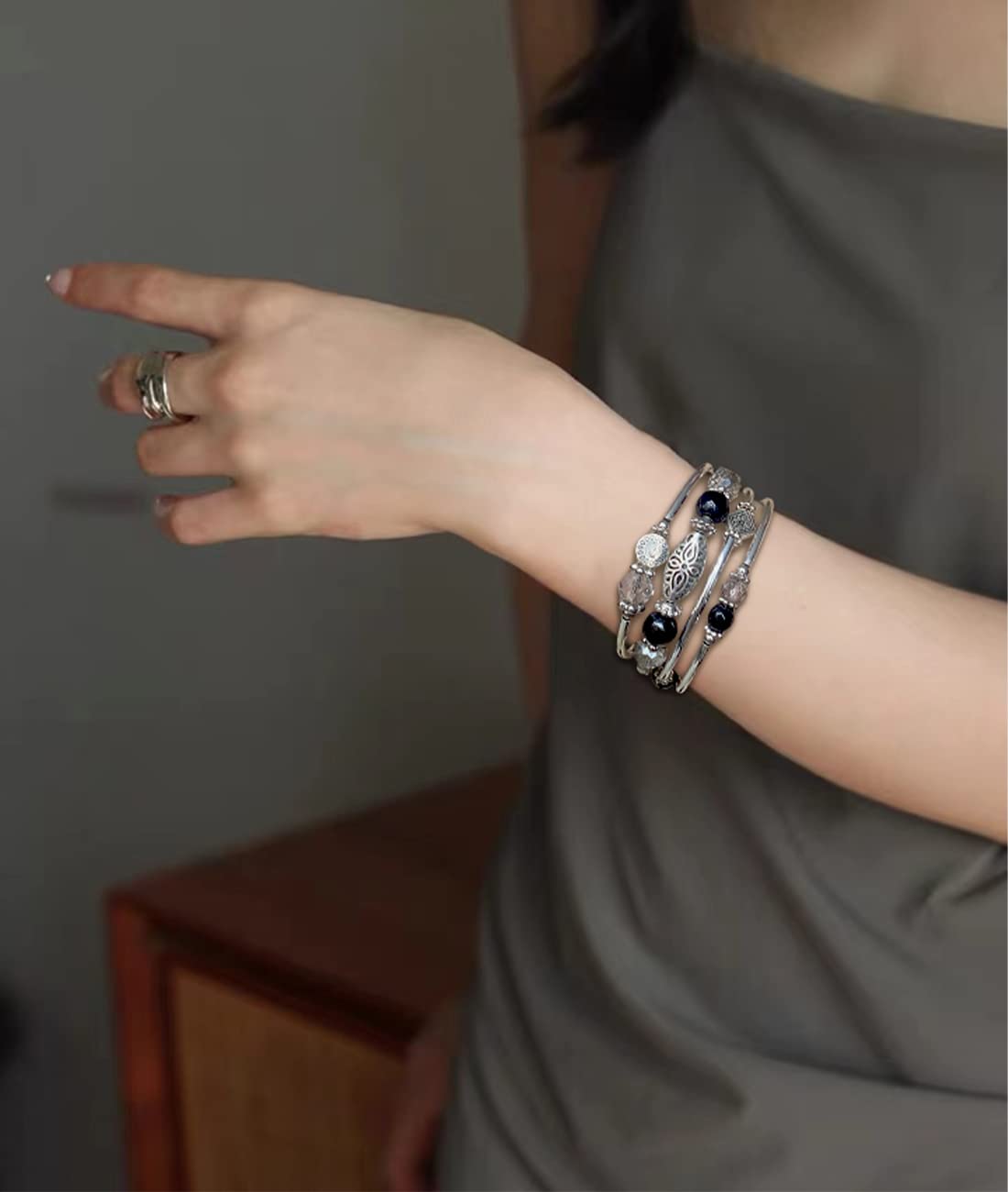 FULU AUTUMN Stackable Beaded Bracelets for Women Boho Wrap Silver Bracelet Layered Fashion Jewelry Gifts for Her(Black grey)