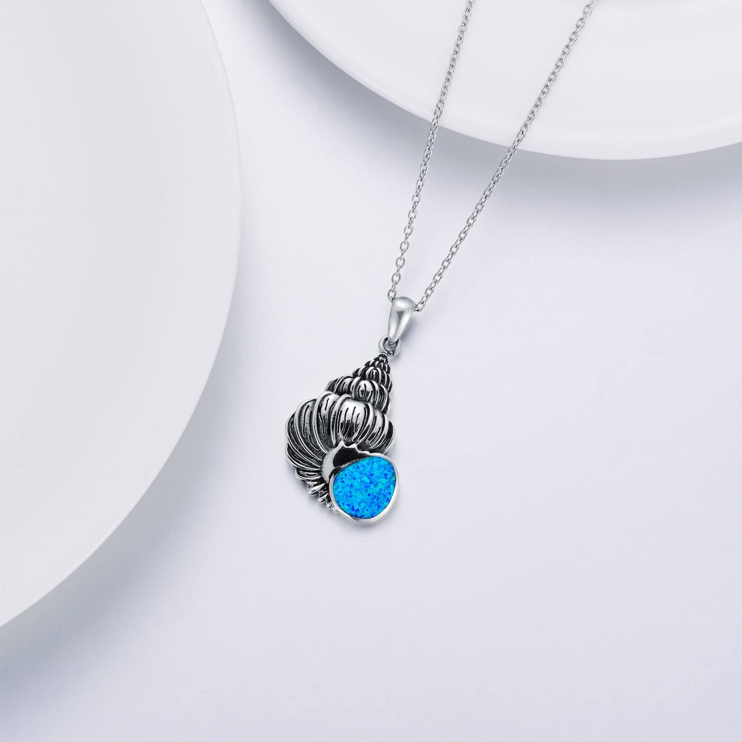 PROESS Conch Seashell Necklace Sterling Silver Blue Opal Conch Pendant Necklace Ocean Jewelry Gifts for Men Women