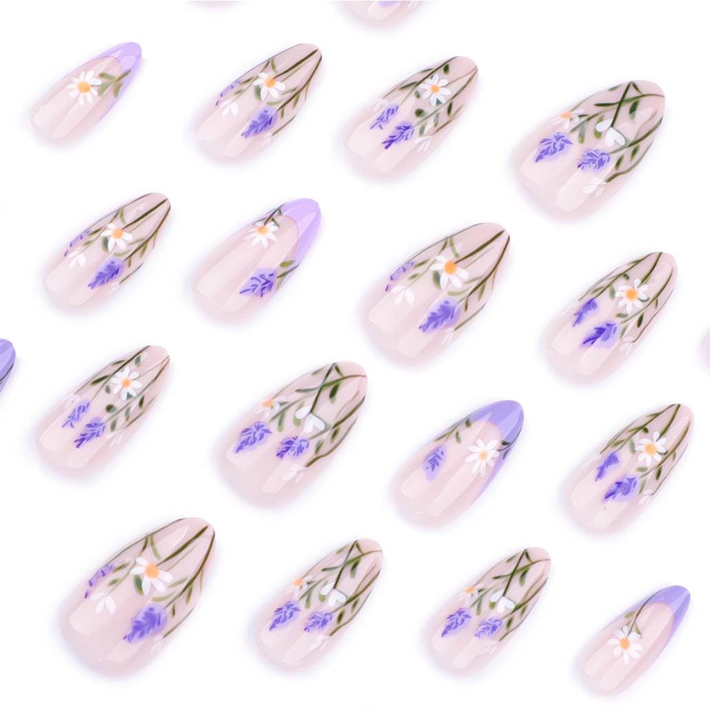 Foccna Press on Nails Acrylic Almond Medium Purple Fake Nails Flower Design Glossy False Nail Tips Artificial Nails Finger Manicure for Women and Girls 24pcs