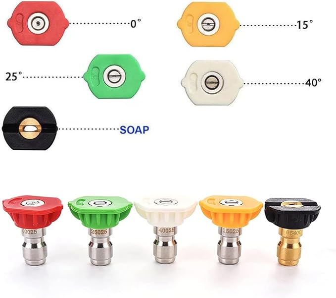5 Pack Pressure Washer Nozzle Tips Multiple Degrees, 1/4 INCH (2.5 GPM), Power Washer Nozzle Tips, Pressure Washing Tips Set, Pressure Washer Head Rated Up to 4500 PSI Power Washer Tips.