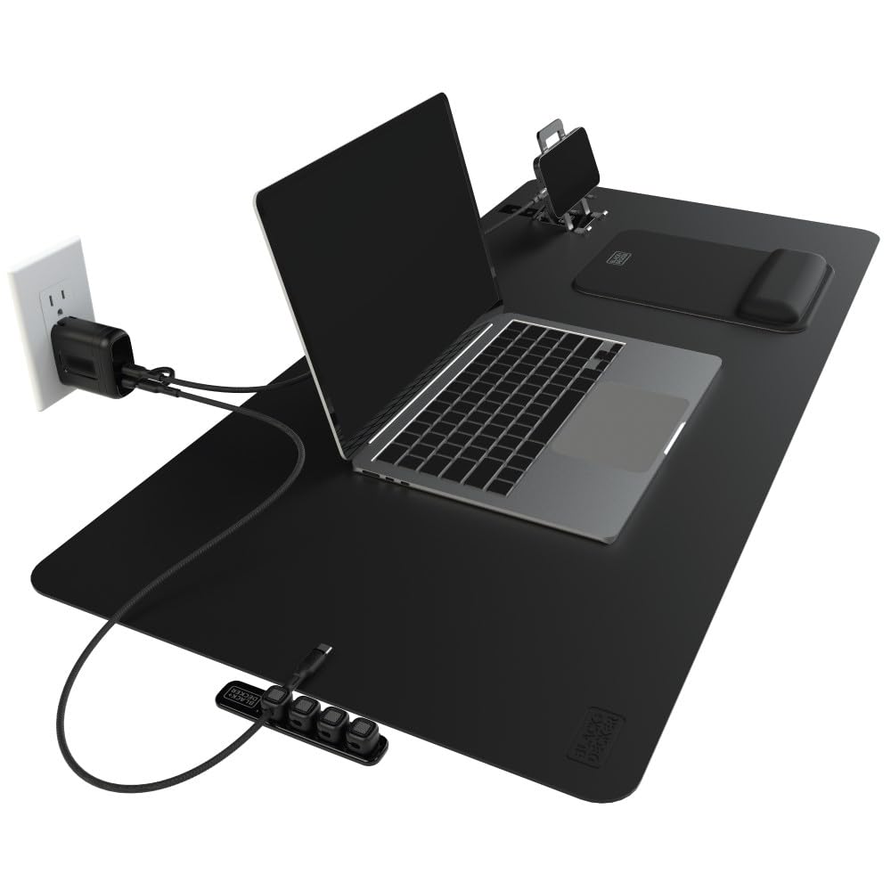 BLACK+DECKER Home Office Kit, 7 PCS Set, Desk Pad, 2-Port PD Charger, Ergonomic Mouse Pad, Phone Stand, Combo Cables, Cable Organizer, Workspace Accessories Perfect for Work-from-Home (Black)