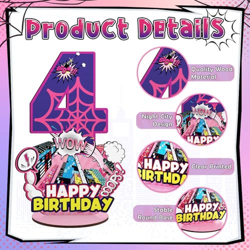 Baderke Pink Spider Theme Birthday Number Sign 16.7'' Purple Spider Birthday Centerpiece for Party Decor Wooden Table Photo Prop(4th) - style: 4th