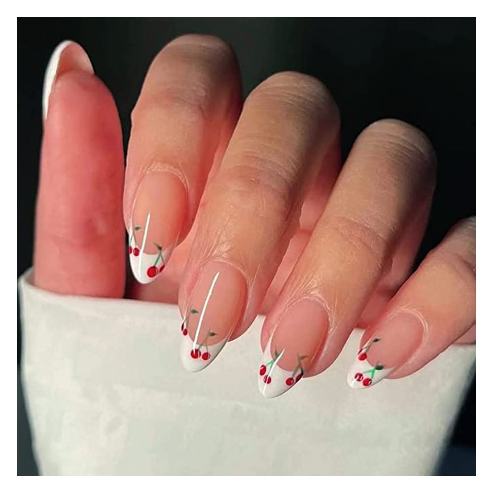 Lilly Rose Fake Press On Nails Acrylic French Nail Tips (Almond Style Cherries)