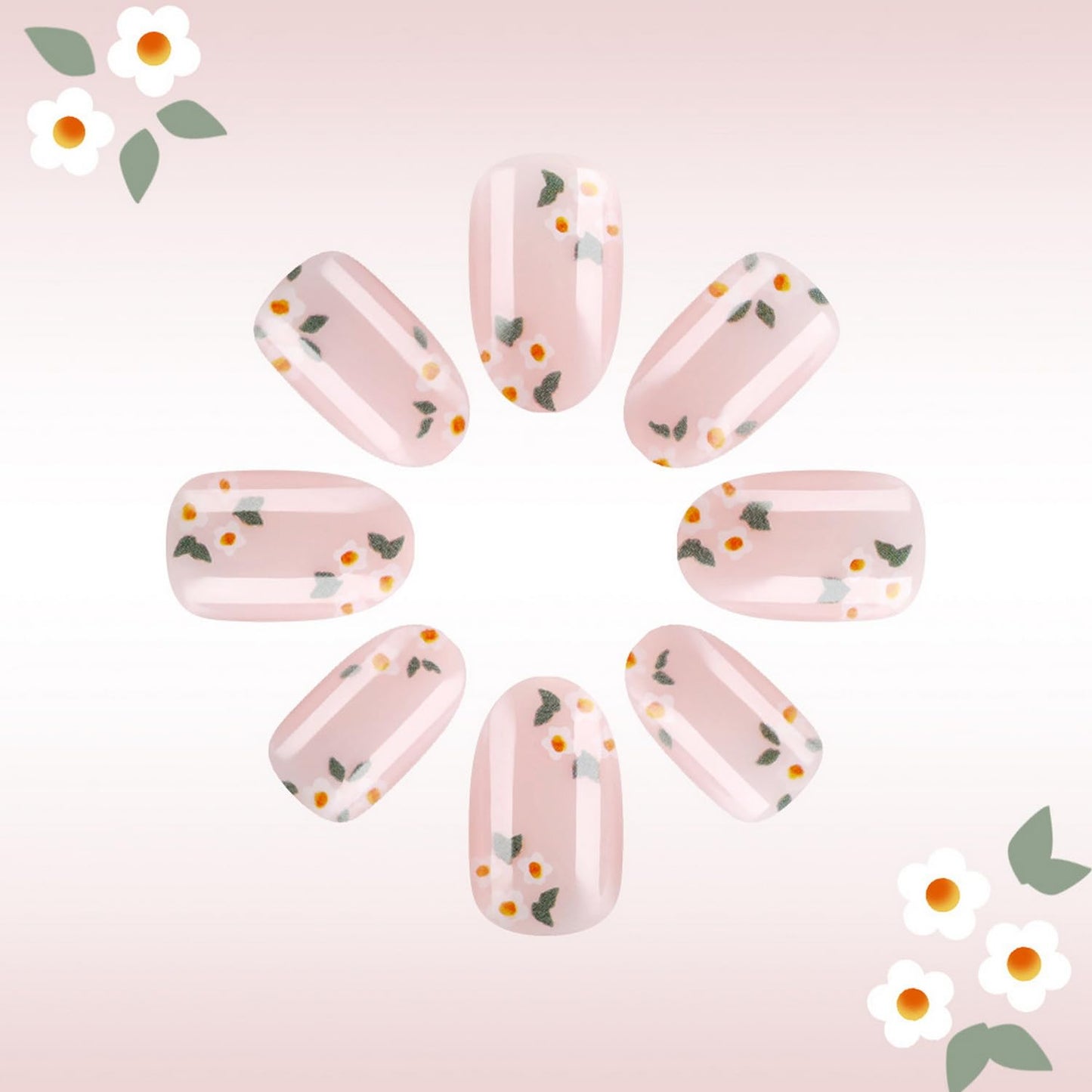 Spring Press on Nails Short Almond Fake Nails Nude Acrylic Nails with Flower designs Cute False Nails Glossy Full Cover Nature Glue on Nails for Women Summer Art Manicure Decor 24pcs
