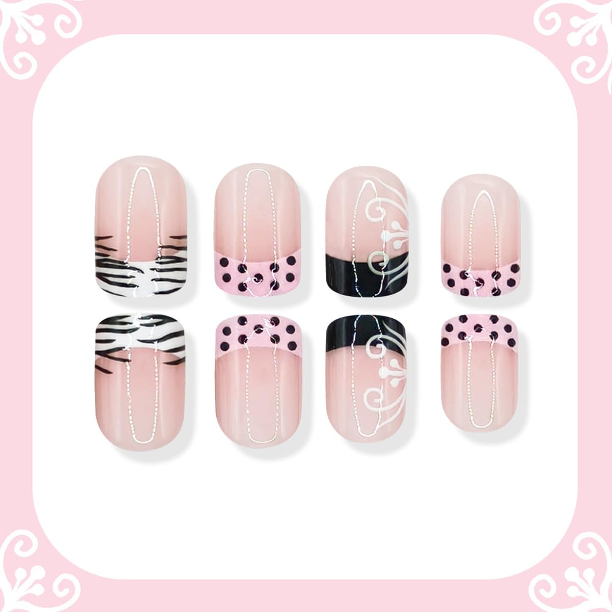 Short Square Press on Nails French Tip Fake Nails with Zebra Print Design Black Polka Dot False Nails Press ons Nude Base Acrylic Glue on Nails for Women Manicure 24Pcs
