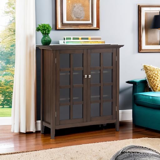 SIMPLIHOME Acadian Storage Cabinet - 39 inch Wide Solid Wood 4-Shelf Display Cabinet in Natural Aged Brown, Transitional Cupboard for Living Room or Dining Room with Glass Doors and Adjustable Shelves