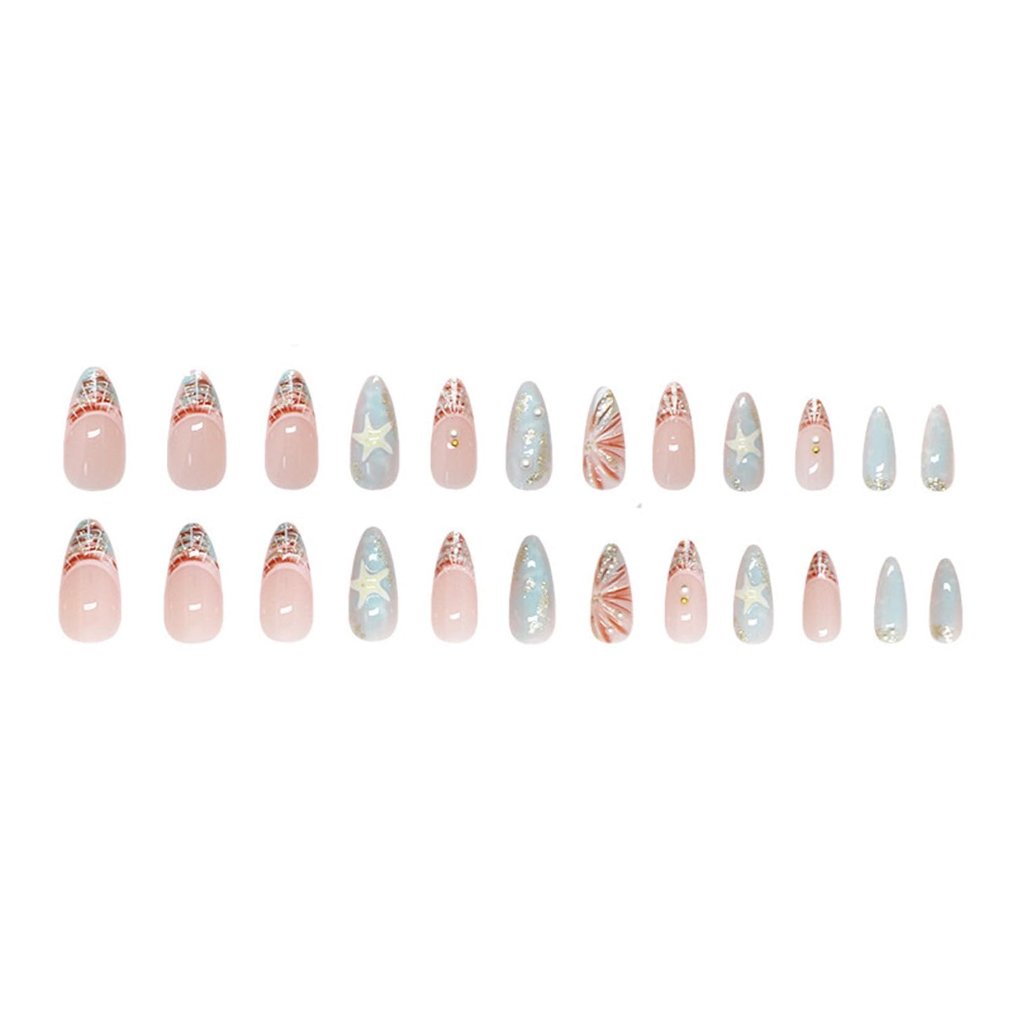Summer Blue Sea Press on Nails Medium-Length Almond Press on Shell French Tips Fake Nails Starfish False Nails with Pearl Designs Acrylic Nails 3D Waves Texture Stick on Nails for Women Manicure 24Pcs