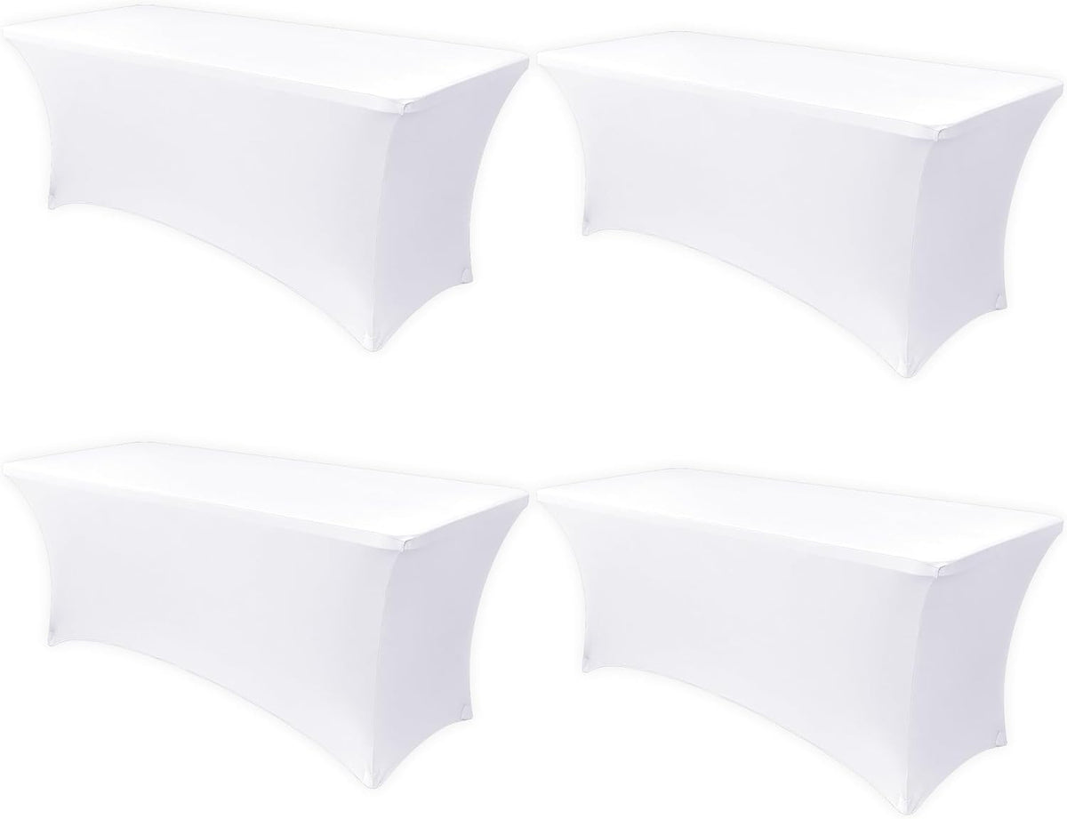 Obstal 6ft Stretch Spandex Table Cover - 4 Pack Universal Rectangular Fitted Tablecloth Protector for Wedding, Banquet and Party, White