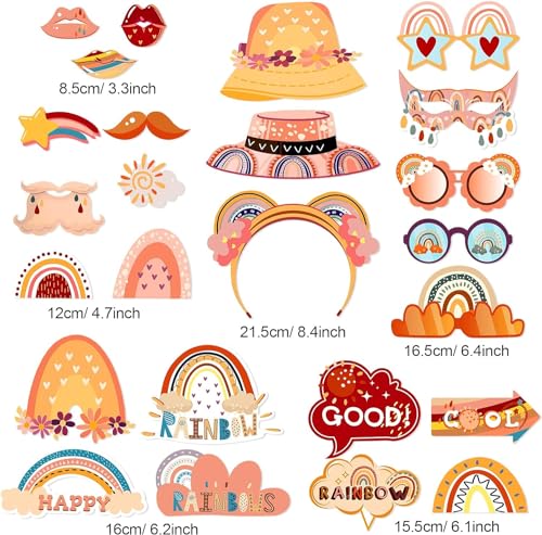 25Pcs Boho Photo Booth Props with Stick, Bohemian Theme Selfie Props, Boho Rainbow Birthday Party Supplies, Photography Backdrop Decorations