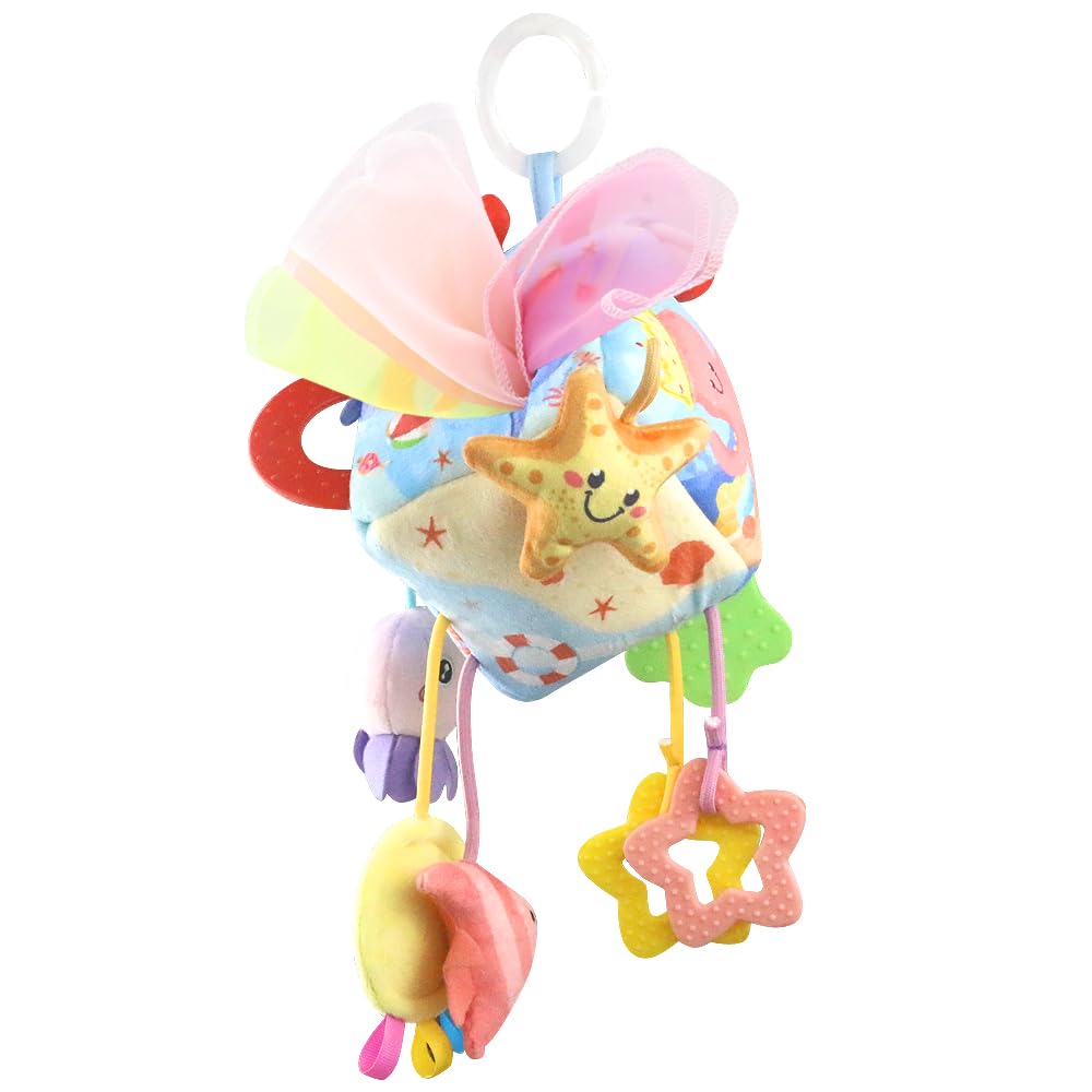 Caterbee Baby Sensory Tissue Box Toy with Hanging Hook – Pull Out Fabric Tissues, Rattle & Teether, Montessori Stroller & Car Seat Toy for Infants (Ocean)