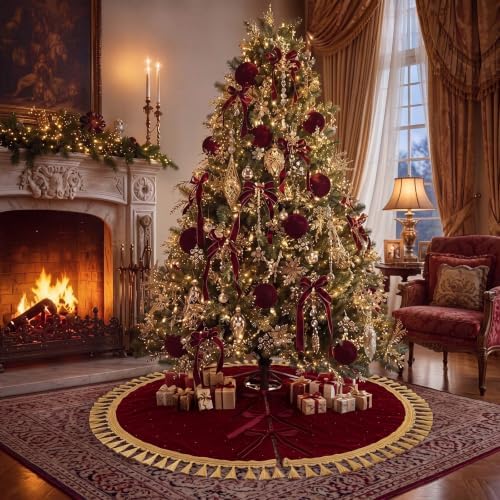 Roowest 48 Inch Burgundy Christmas Tree Skirt Velvet, Round