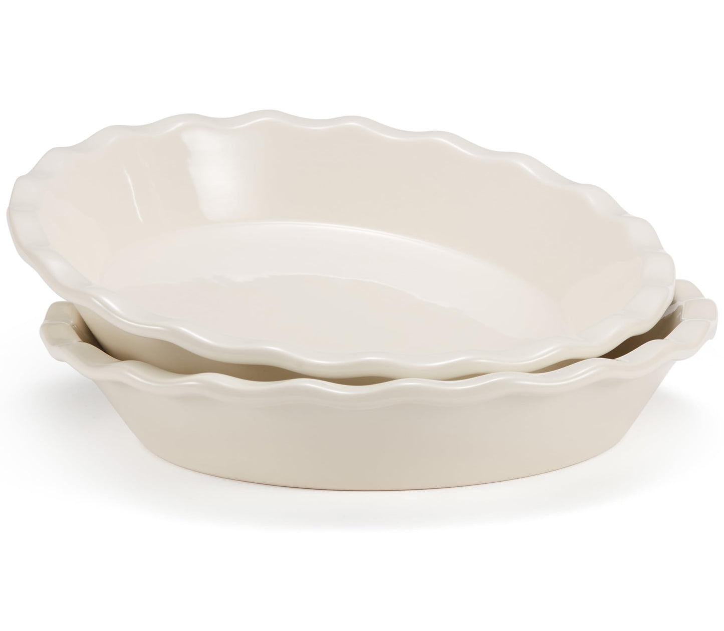 KooK Pie Pan, Ceramic Reusable Round Pie Dish, Quiche Baking Dish, Deep, Wave Edge, For Cakes, Tart, Casseroles, Tarts, Microwave, Oven and Dishwasher Safe, 9-Inch, 36 oz, Set of 2, Ivory
