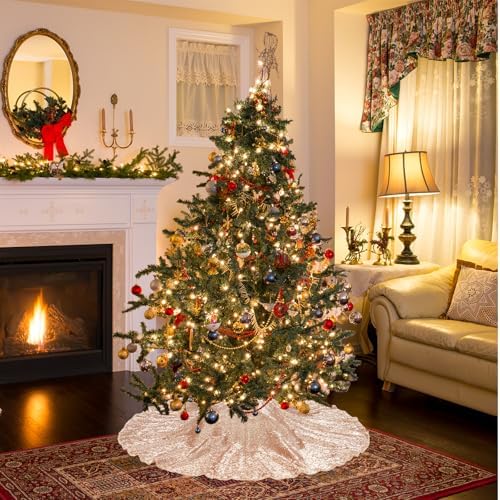 Poise3EHome Rose Gold Christmas Tree Skirt, 50 Inch Sequin Tree Skirt