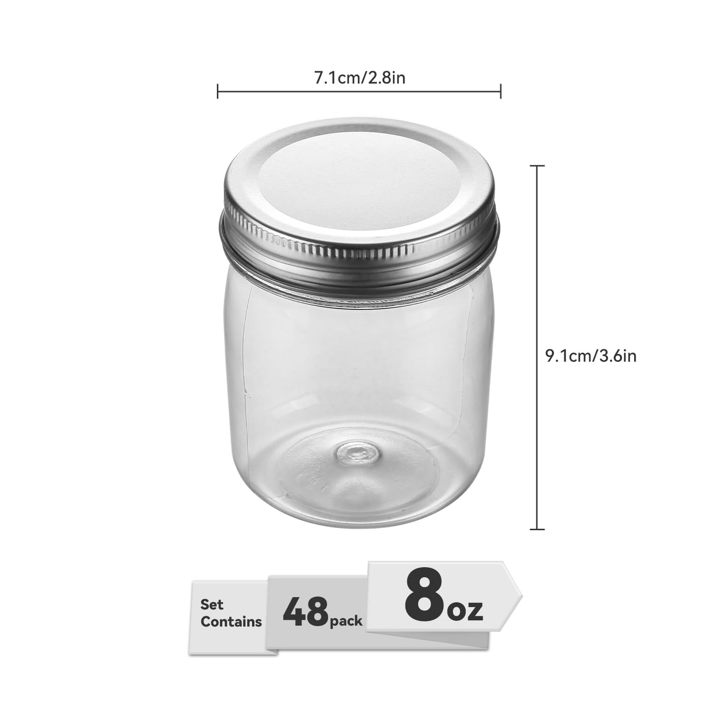 novelinks 8 oz Clear Plastic Mason Jars with Lids, 48 Pack Small Plastic Containers with Lids 8oz, Slime Containers with Lids & Spice Jars for Kitchen Organization (48 Pack,Silver)