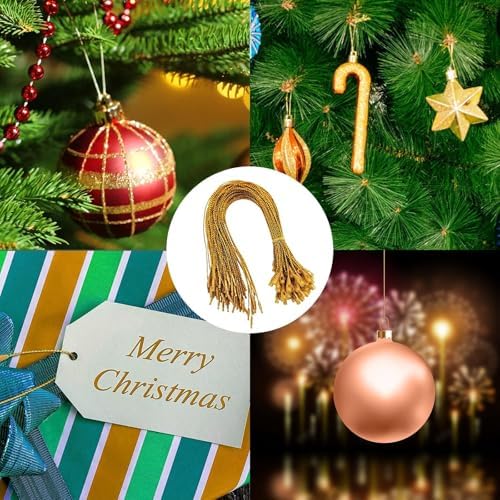 300Pcs Christmas Ornaments Hanger String, Gold Ribbon Ornament Hook Ropes Precut String, with Snaps Locking, for Xmas Ornament Hanging Decorations
