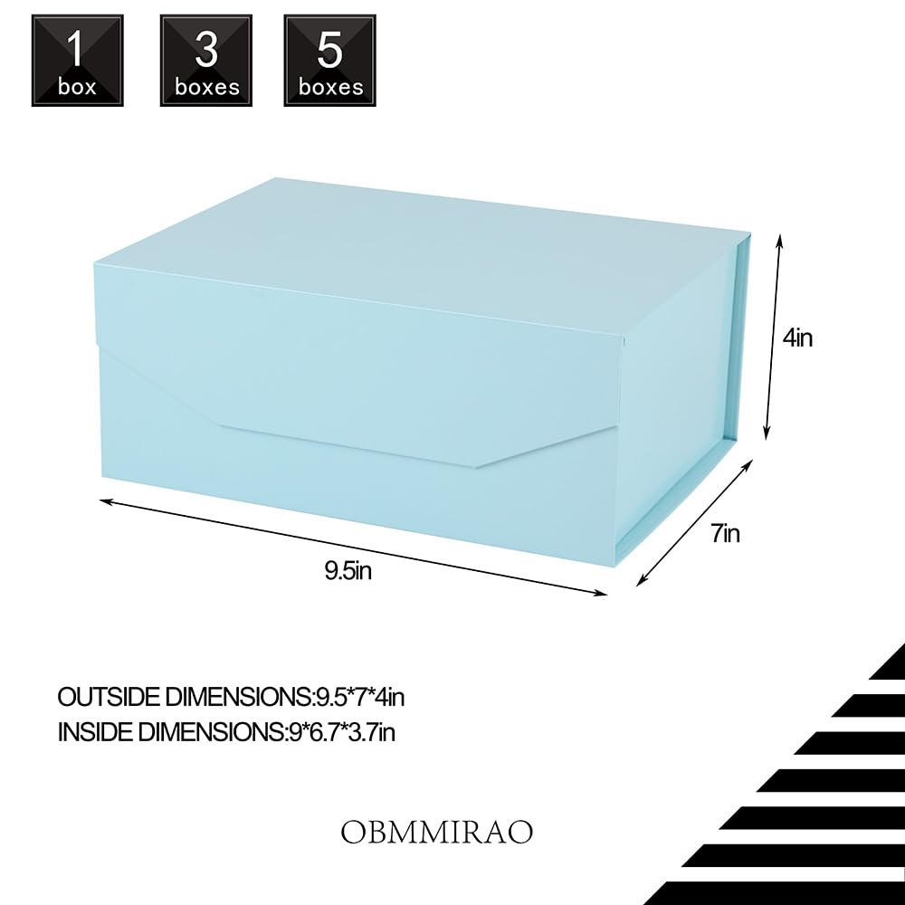OBMMIRAO Upgrade 3PCS Blue Gift Box 9.5x7x4 Inches, Sturdy With Lid for Packaging, Foldable Magnetic Closure Storage, Bridesmaid Proposal, Rectangle Collapsible