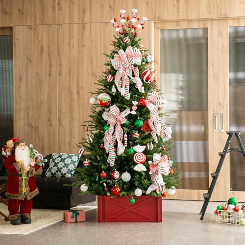 Glitzhome Christmas Tree Collar, 24.5" L Farmhouse Red Handcrafted Wooden Tree Collar Tree Stand Cover Decorative Christmas Tree Skirt Collar for 7.5ft Tree Holiday Decor