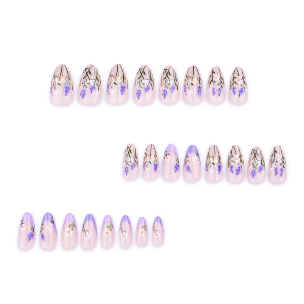 Foccna Press on Nails Acrylic Almond Medium Purple Fake Nails Flower Design Glossy False Nail Tips Artificial Nails Finger Manicure for Women and Girls 24pcs