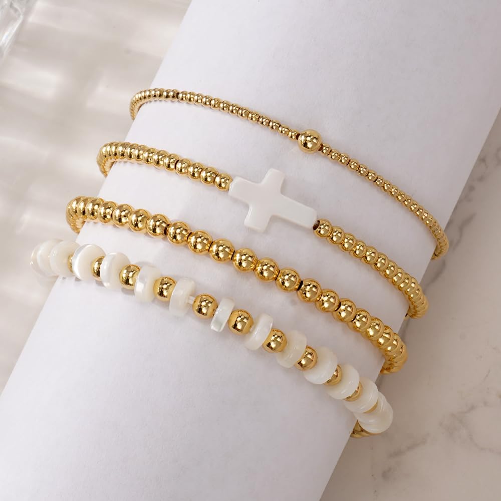 Bohxantium Gold Beaded Bracelets for Women - Stackable Cross Bracelet Stretch Gold Beads Stack Handmade Boho Dainty Non Tarnish Religious Jewelry Trendy Summer Friendship Christian Gift for Women