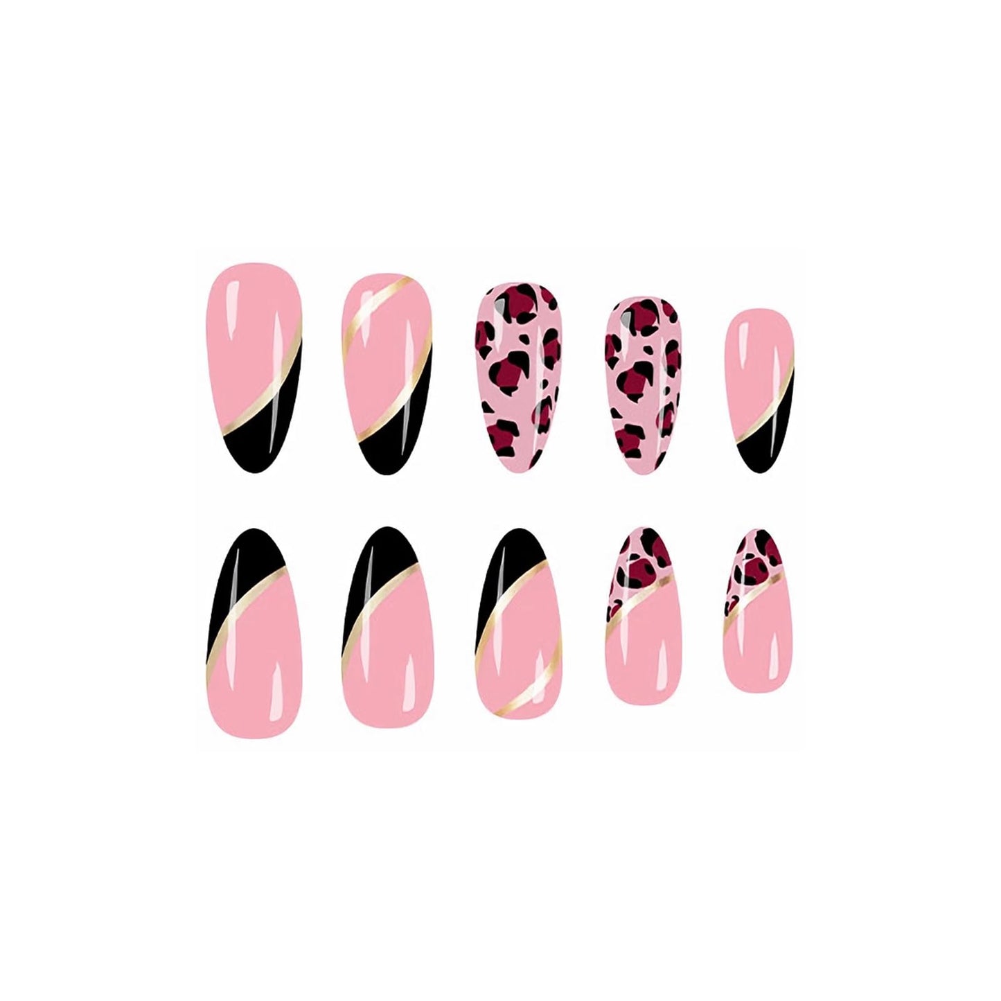 MISUD Press on Nails - Medium Almond Glue on Nails with Black French Tip, Acrylic Cheetah Design 24 pcs