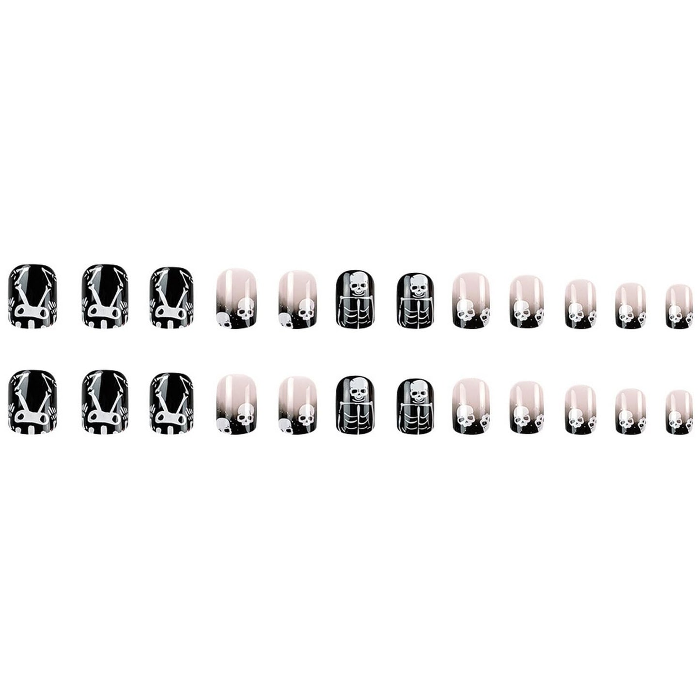 Halloween Press on Nails Short Square Fake Nails Glossy Full Cover Goth Nails with Skull Designs Halloween Acrylic Nails Press on Nails black Horror Nails for Women Girls Party 24pcs