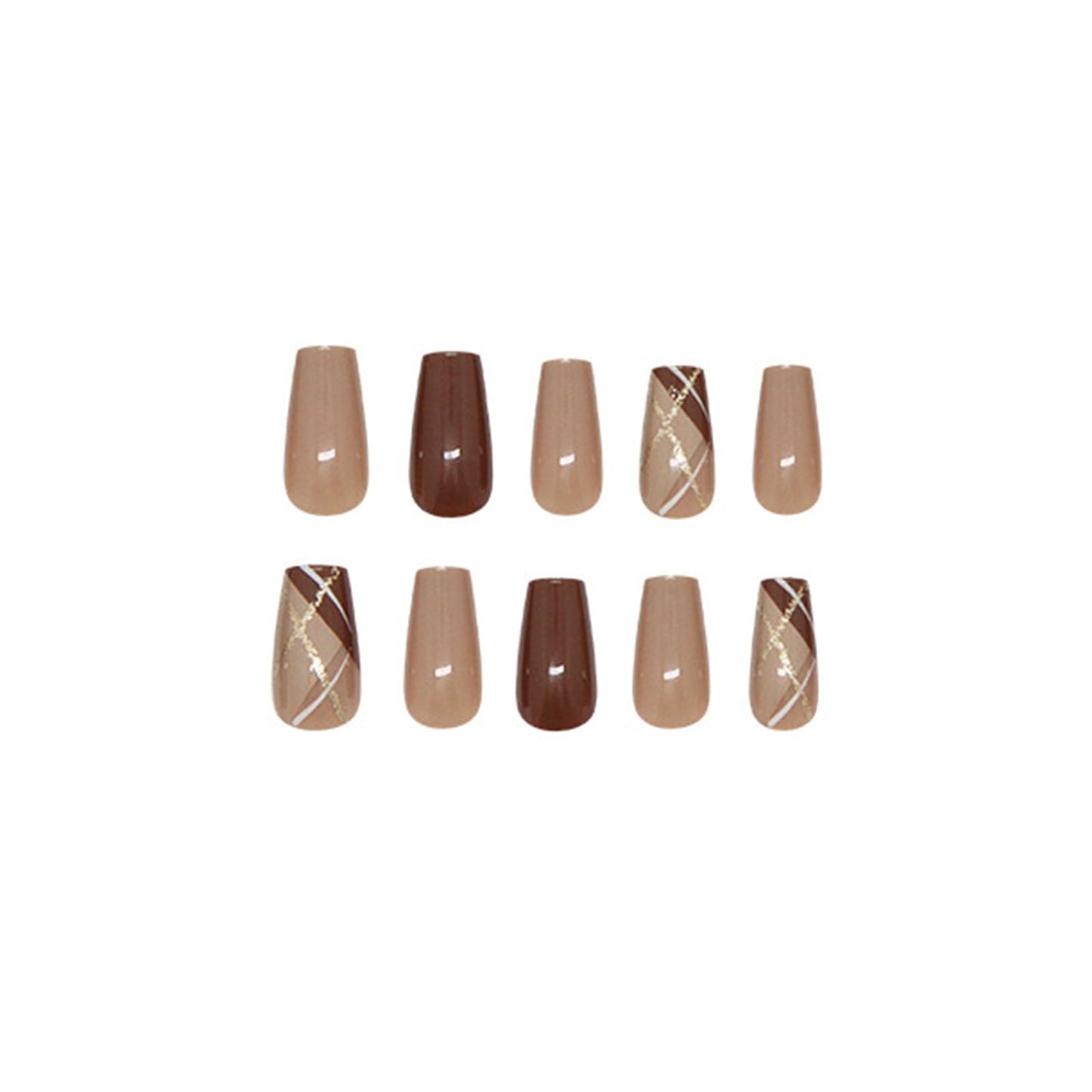 SINHOT Press on Nails - Medium Square Fake Nails, Glossy Finish, Gold Glitter & Brown, DIY Artificial False Nail Art - 24 Pcs Nail Kit with Glue